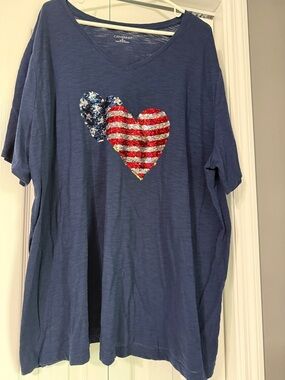 Catherines Navy V-Neck Tee with Sequin Flag Hearts